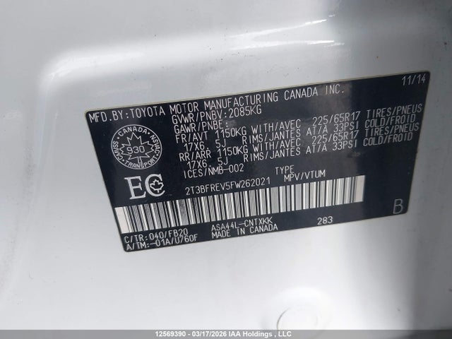 Aukcja sprzedaży 2015 Toyota Rav4 Le, vin: 2T3BFREV5FW262021, numer aukcji: 12569390