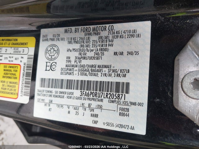 Продажа на аукционе авто 2020 Ford Fusion Titanium, vin: 3FA6P0RU7LR205871, номер лота: 12569401