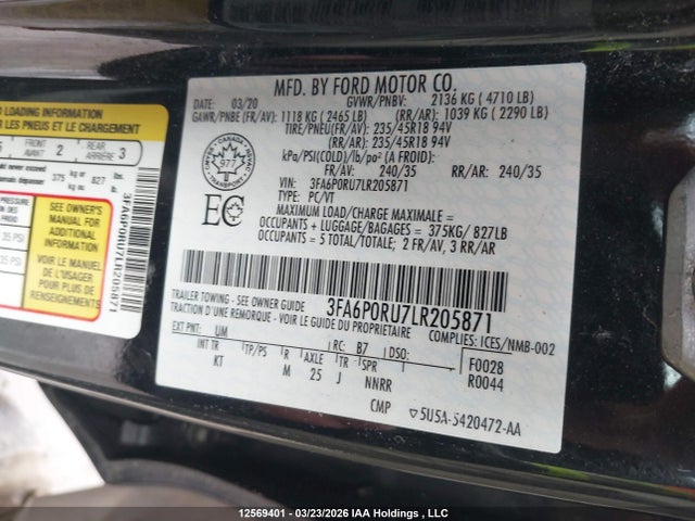 Продажа на аукционе авто 2020 Ford Fusion Titanium, vin: 3FA6P0RU7LR205871, номер лота: 12569401