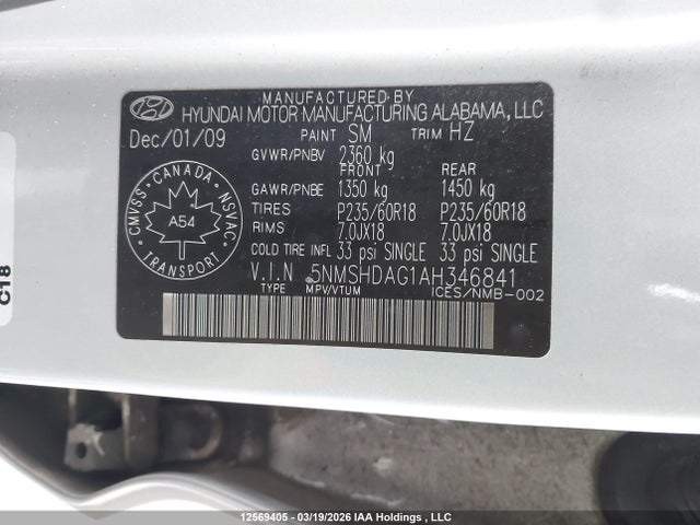 2010 Hyundai Santa Fe Se მანქანა იყიდება აუქციონზე, vin: 5NMSHDAG1AH346841, აუქციონის ნომერი: 12569405