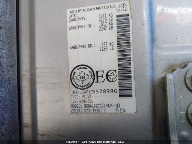 Продажа на аукционе авто 2012 Nissan Altima 2.5 S, vin: 1N4AL2AP3CN528986, номер лота: 12569417