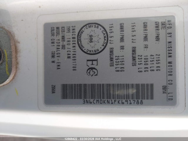 3N6CM0KN1FK691788 Nissan Nv200 S/sv