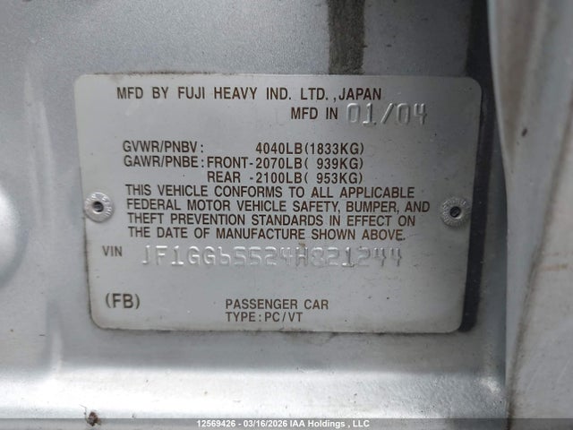 12569426 :رقم المزاد ، JF1GG65524H821244 vin ، 2004 Subaru Impreza 2.5 Ts مزاد بيع