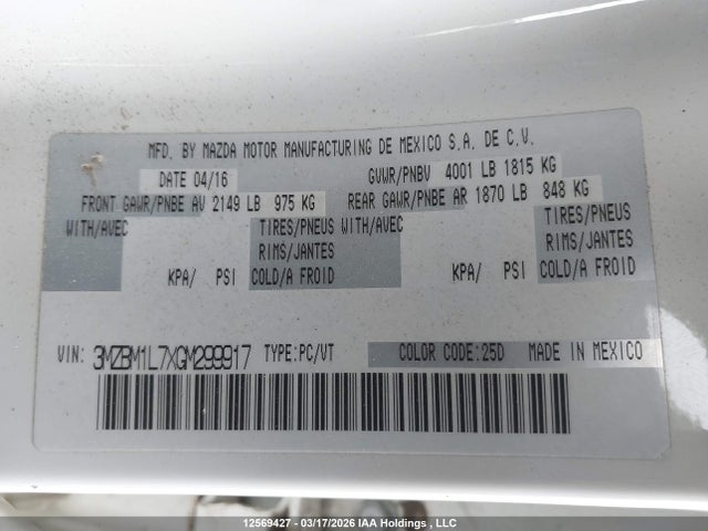3MZBM1L7XGM299917 Mazda 3 TOURING