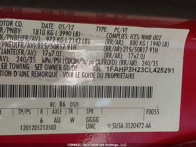 2012 Ford Focus Sel მანქანა იყიდება აუქციონზე, vin: 1FAHP3H23CL425291, აუქციონის ნომერი: 12569433