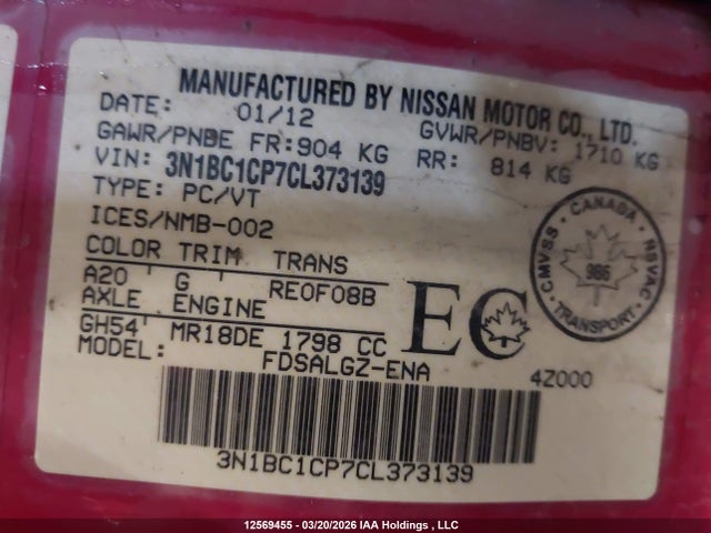 Продажа на аукционе авто 2012 Nissan Versa S/sl, vin: 3N1BC1CP7CL373139, номер лота: 12569455