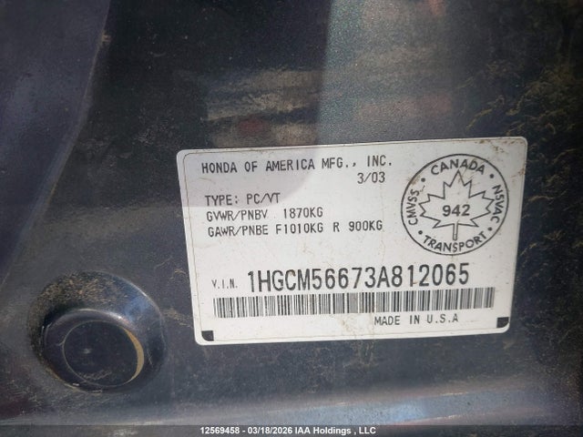 Aukcja sprzedaży 2003 Honda Accord Ex, vin: 1HGCM56673A812065, numer aukcji: 12569458
