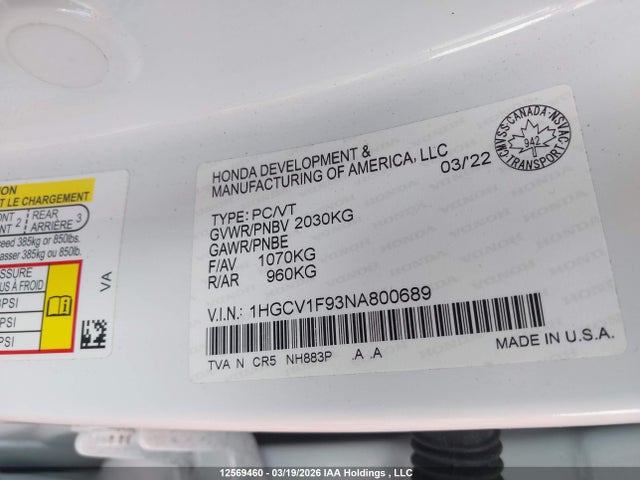 1HGCV1F93NA800689 Honda Accord Touring 1.5t