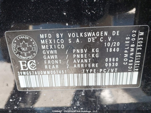 3VWG57AU0MM001451 Volkswagen Golf