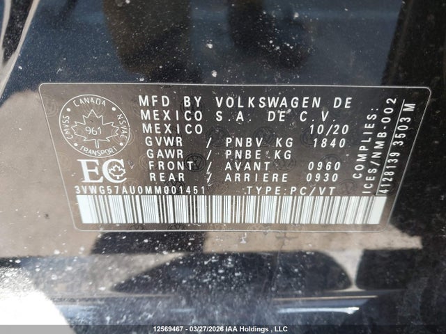 3VWG57AU0MM001451 Volkswagen Golf