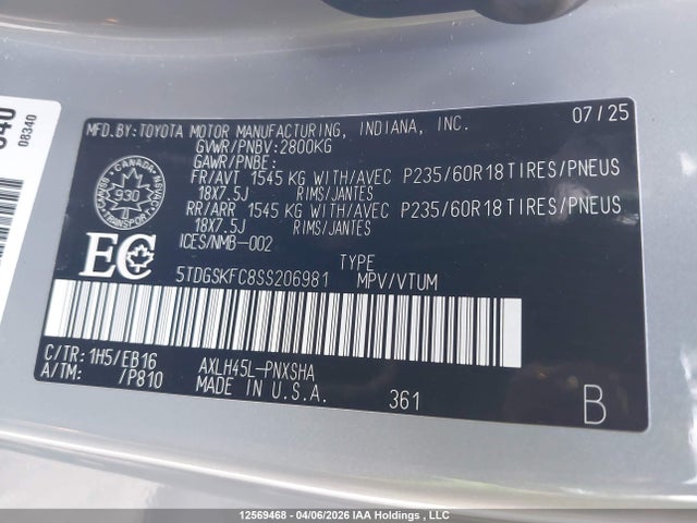 5TDGSKFC8SS206981 Toyota Sienna Xse 7-passenger