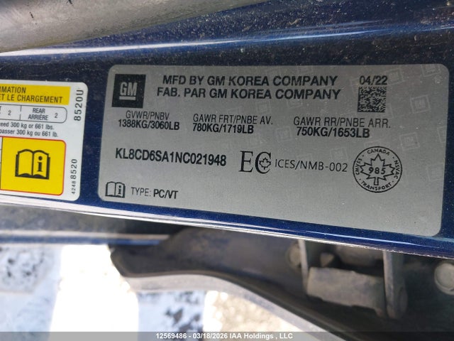 Aukcja sprzedaży 2022 Chevrolet Spark 1lt Cvt, vin: KL8CD6SA1NC021948, numer aukcji: 12569486