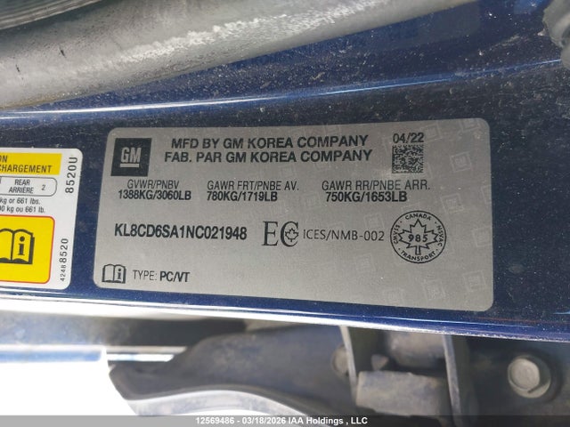 Aukcja sprzedaży 2022 Chevrolet Spark 1lt Cvt, vin: KL8CD6SA1NC021948, numer aukcji: 12569486