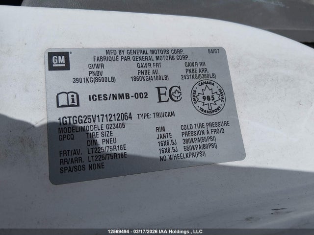 12569494 :رقم المزاد ، 1GTGG25V171212064 vin ، 2007 Gmc Savana Standard مزاد بيع