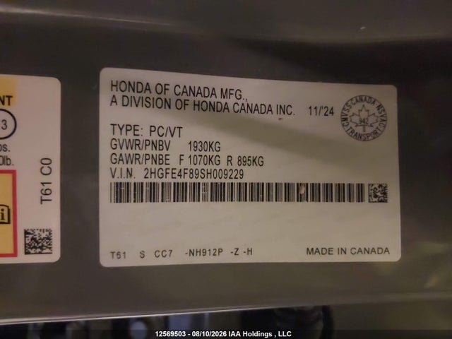 12569503 :رقم المزاد ، 2HGFE4F89SH009229 vin ، 2025 Honda Civic Sport Hybrid/sport Touring Hybrid مزاد بيع