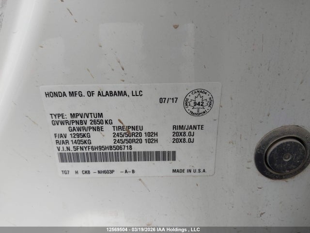 5FNYF6H95HB506718 Honda Pilot Touring