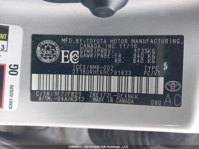2T1BURHE6HC791833 Toyota Corolla L/le/xle/se/xse