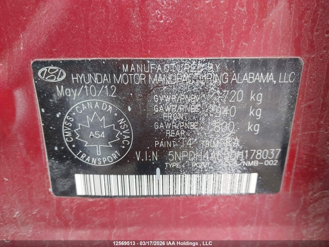 12569513 :رقم المزاد ، 5NPDH4AE5DH178037 vin ، 2013 Hyundai Elantra Gl مزاد بيع