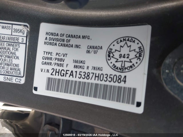 Aukcja sprzedaży 2007 Honda Civic Dx-g, vin: 2HGFA15387H035084, numer aukcji: 12569518
