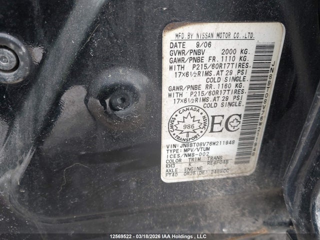 Aukcja sprzedaży 2006 Nissan X-trail Bonavista Edition/le/se/xe, vin: JN8BT08V76W211948, numer aukcji: 12569522