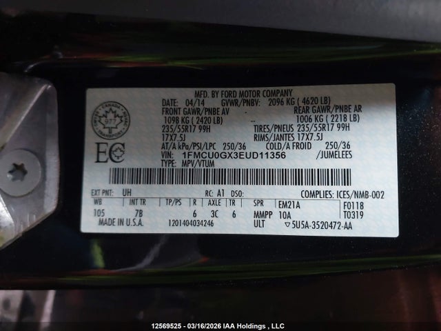 1FMCU0GX3EUD11356 Ford ESCAPE SE