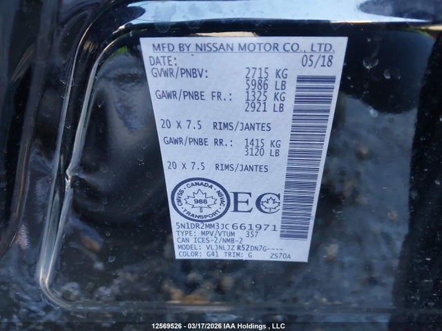 5N1DR2MM3JC661971 Nissan Pathfinder S/sv/sl/platinum