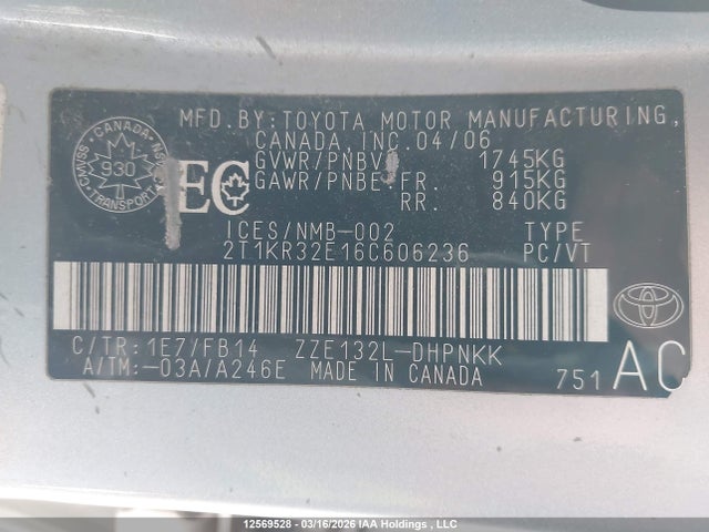 12569528 :رقم المزاد ، 2T1KR32E16C606236 vin ، 2006 Toyota Matrix Xr/xrs مزاد بيع