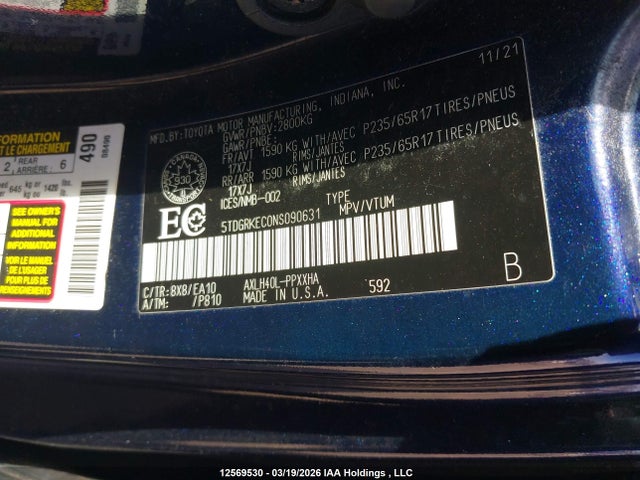 5TDGRKEC0NS090631 Toyota Sienna Xle 8-passenger