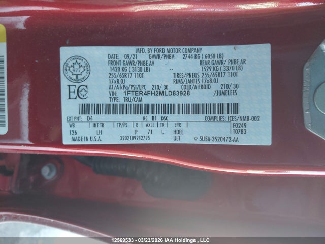 Aukcja sprzedaży 2021 Ford Ranger Xlt, vin: 1FTER4FH2MLD83928, numer aukcji: 12569533
