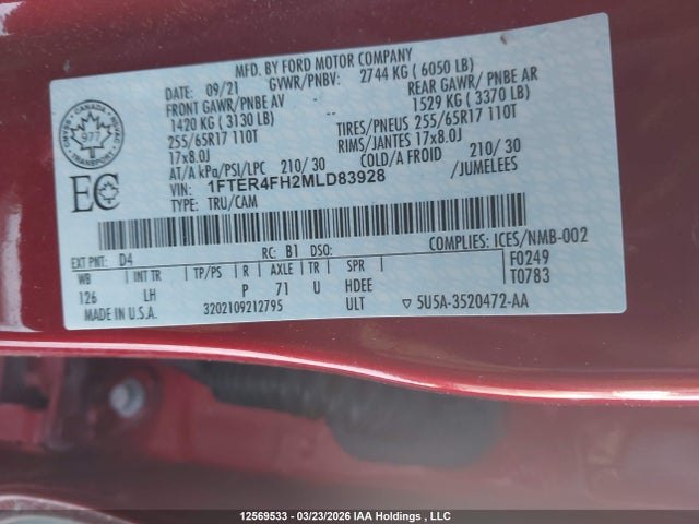 Aukcja sprzedaży 2021 Ford Ranger Xlt, vin: 1FTER4FH2MLD83928, numer aukcji: 12569533