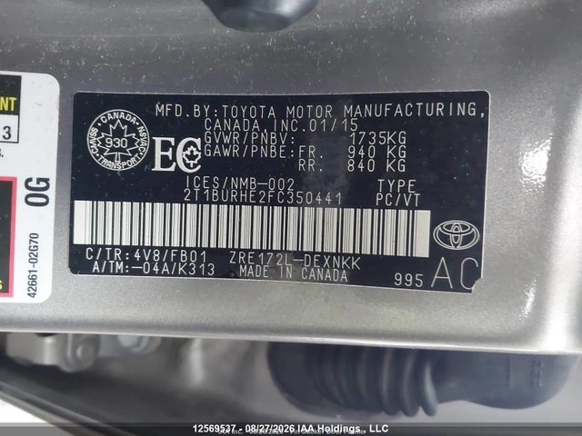2015 Toyota Corolla Le მანქანა იყიდება აუქციონზე, vin: 2T1BURHE2FC350441, აუქციონის ნომერი: 12569537