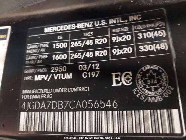 12569538 :رقم المزاد ، 4JGDA7DB7CA056546 vin ، 2012 Mercedes-benz Ml 550 4matic مزاد بيع