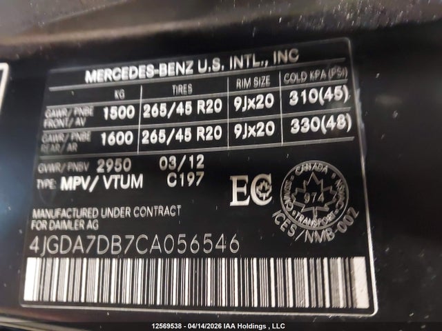 12569538 :رقم المزاد ، 4JGDA7DB7CA056546 vin ، 2012 Mercedes-benz Ml 550 4matic مزاد بيع