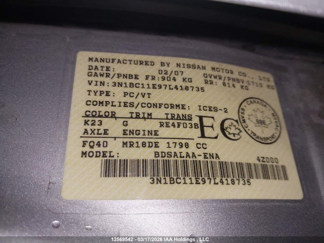 2007 Nissan Versa 1.8s მანქანა იყიდება აუქციონზე, vin: 3N1BC11E97L418735, აუქციონის ნომერი: 12569542
