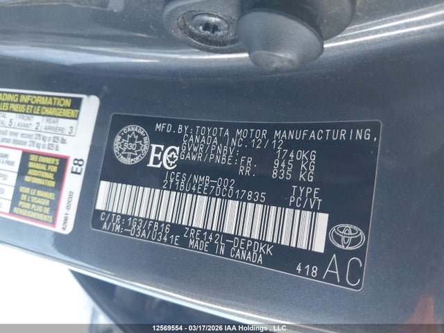 12569554 :رقم المزاد ، 2T1BU4EE7DC017835 vin ، 2013 Toyota Corolla S/le مزاد بيع