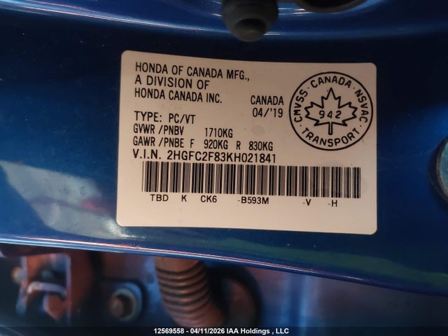 Aukcja sprzedaży 2019 Honda Civic Sport, vin: 2HGFC2F83KH021841, numer aukcji: 12569558