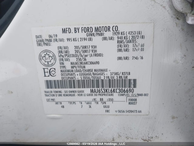 Продаж на аукціоні авто 2019 Ford Ecosport Titanium, vin: MAJ6S3KL6KC306690, номер лоту: 12569562