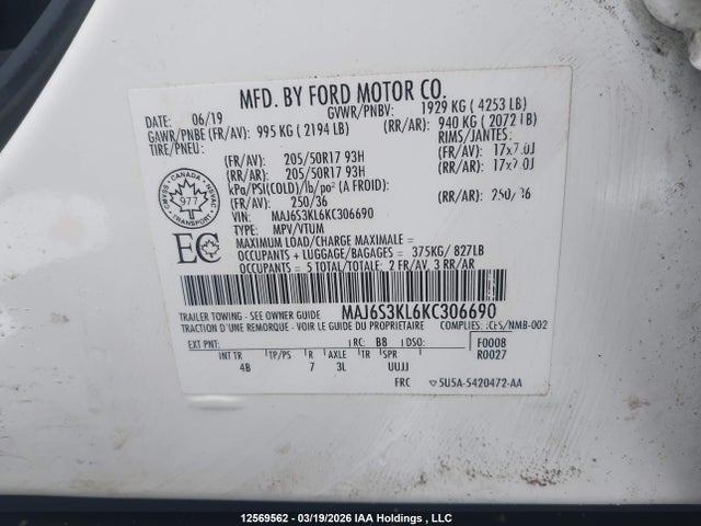 Продаж на аукціоні авто 2019 Ford Ecosport Titanium, vin: MAJ6S3KL6KC306690, номер лоту: 12569562