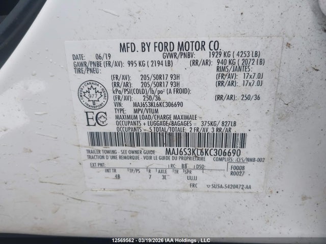 Продаж на аукціоні авто 2019 Ford Ecosport Titanium, vin: MAJ6S3KL6KC306690, номер лоту: 12569562