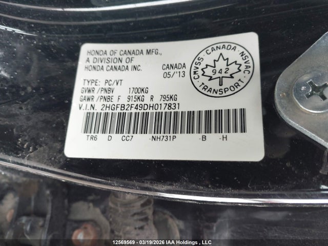 12569569 :رقم المزاد ، 2HGFB2F49DH017831 vin ، 2013 Honda Civic Lx مزاد بيع
