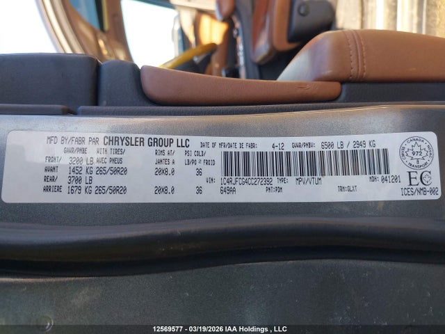 Продажа на аукционе авто 2012 Jeep Grand Cherokee Overland, vin: 1C4RJFCG4CC272392, номер лота: 12569577