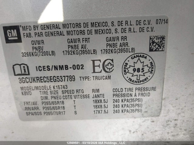 3GCUKREC5EG537789 Chevrolet Silverado K1500 Lt