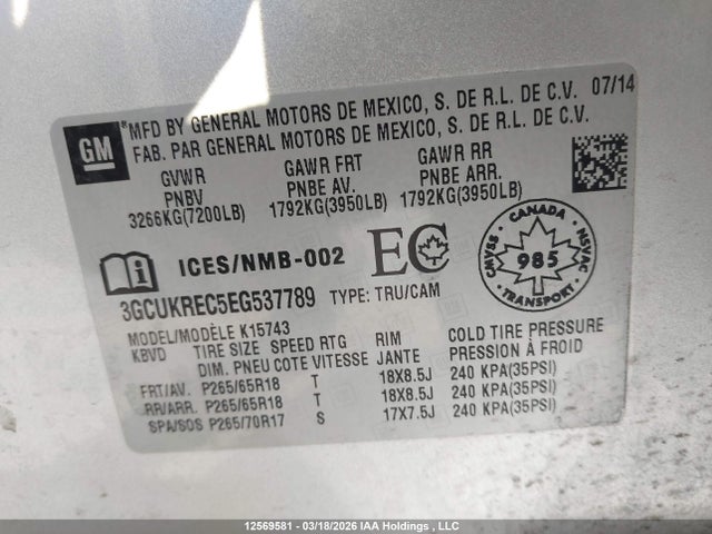 3GCUKREC5EG537789 Chevrolet Silverado K1500 Lt