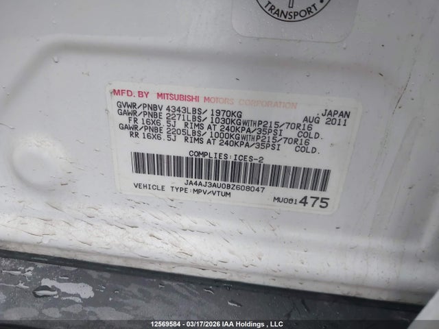Aukcja sprzedaży 2011 Mitsubishi Rvr Se, vin: JA4AJ3AU0BZ608047, numer aukcji: 12569584