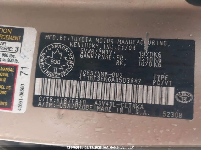 2010 Toyota Camry Le მანქანა იყიდება აუქციონზე, vin: 4T1BF3EK6AU503847, აუქციონის ნომერი: 12569586
