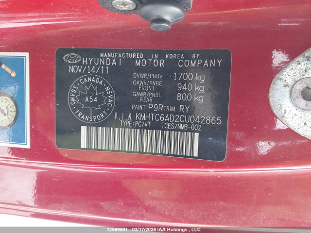2012 Hyundai Veloster მანქანა იყიდება აუქციონზე, vin: KMHTC6AD2CU042865, აუქციონის ნომერი: 12569591