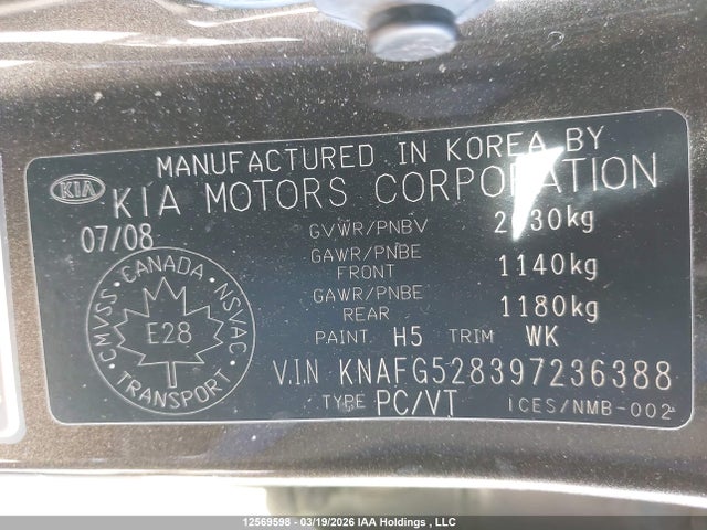 Продаж на аукціоні авто 2009 Kia Rondo Ex/ex-premium/lx, vin: KNAFG528397236388, номер лоту: 12569598