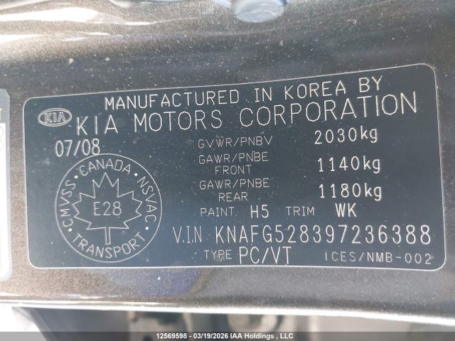 Продаж на аукціоні авто 2009 Kia Rondo Ex/ex-premium/lx, vin: KNAFG528397236388, номер лоту: 12569598