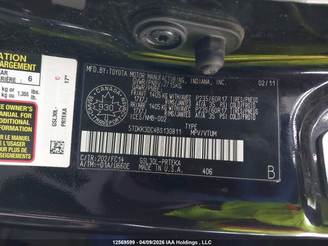 2011 Toyota Sienna Le V6 მანქანა იყიდება აუქციონზე, vin: 5TDKK3DC4BS130811, აუქციონის ნომერი: 12569599
