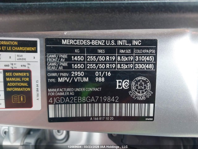 12569604 :رقم المزاد ، 4JGDA2EB8GA719842 vin ، 2016 Mercedes-benz Gle 350d 4matic مزاد بيع